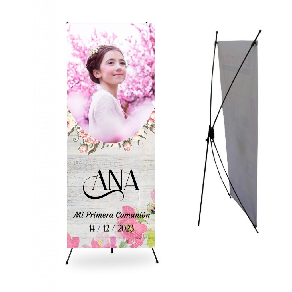 Cartel Comunión Niña. Personalizado con Foto. Photocall Bienvenida Comunión niña. RÚSTICO BLANCO