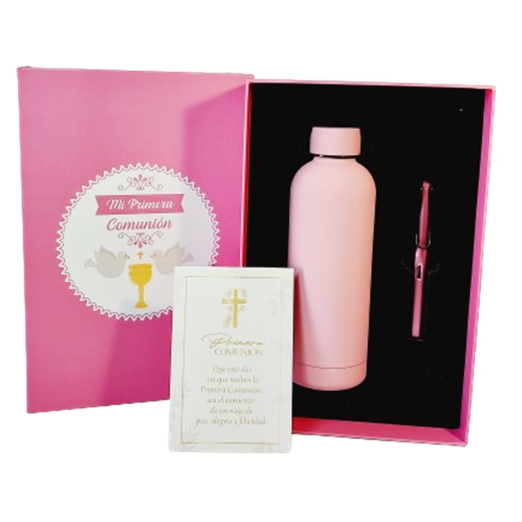 Regalo Comunión Niña - Botella, bolígrafo y tarjeta de Comunión.