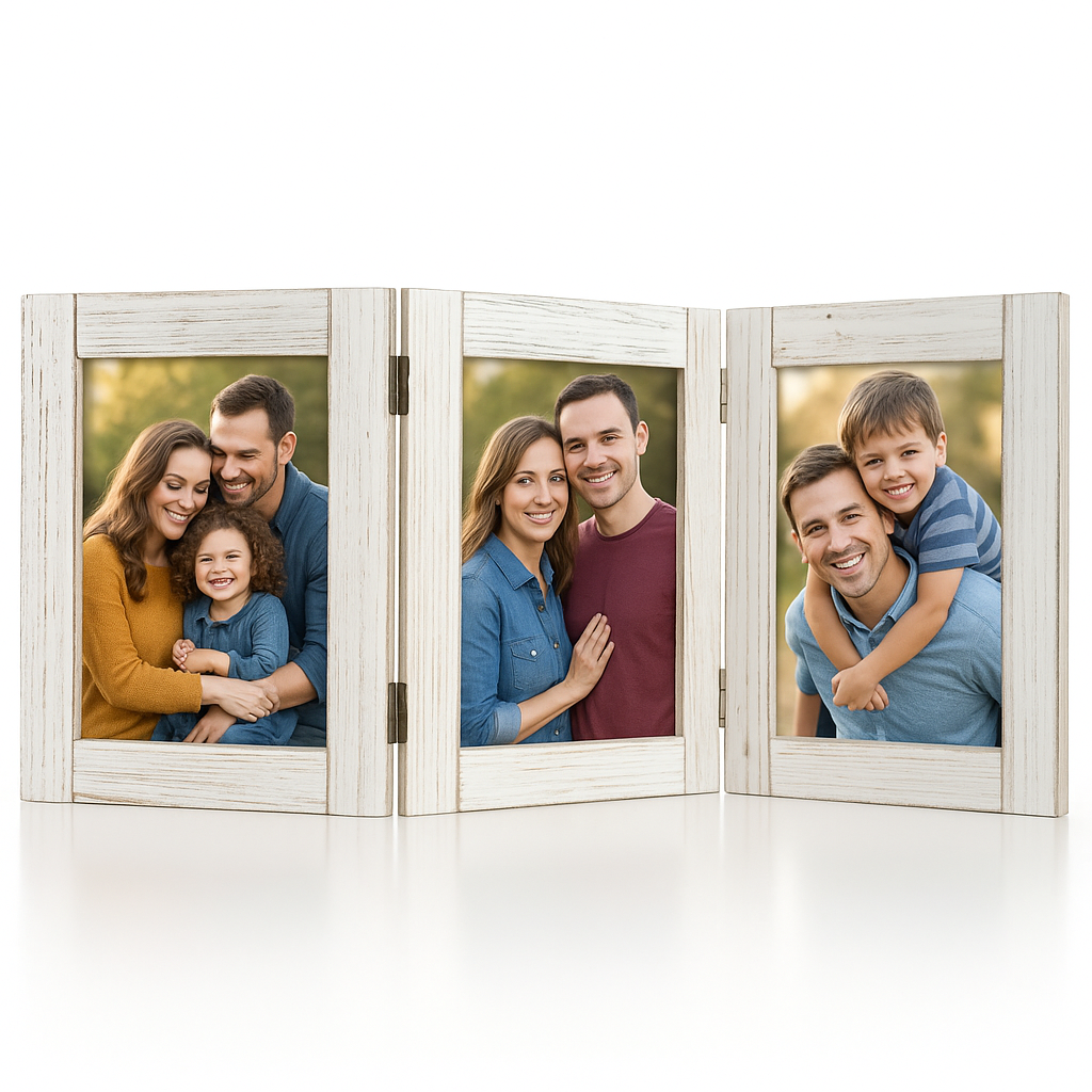 Marcos de fotos triple plegable. Foto 10 x 15 cm. Blanco