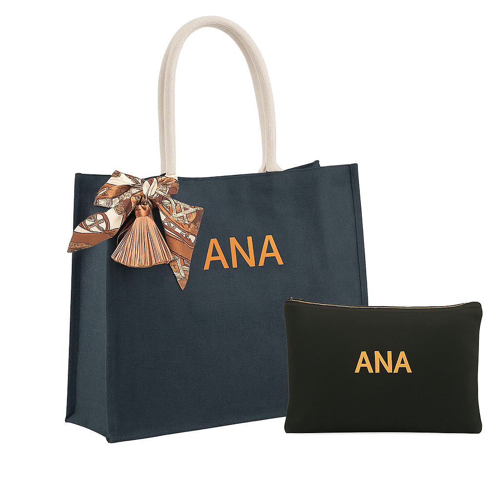 Bolso Mujer Personalizado 35x35 cm. Tote Bag negro. Bolsos de Mujer Shopper Grande con Lazo de seda