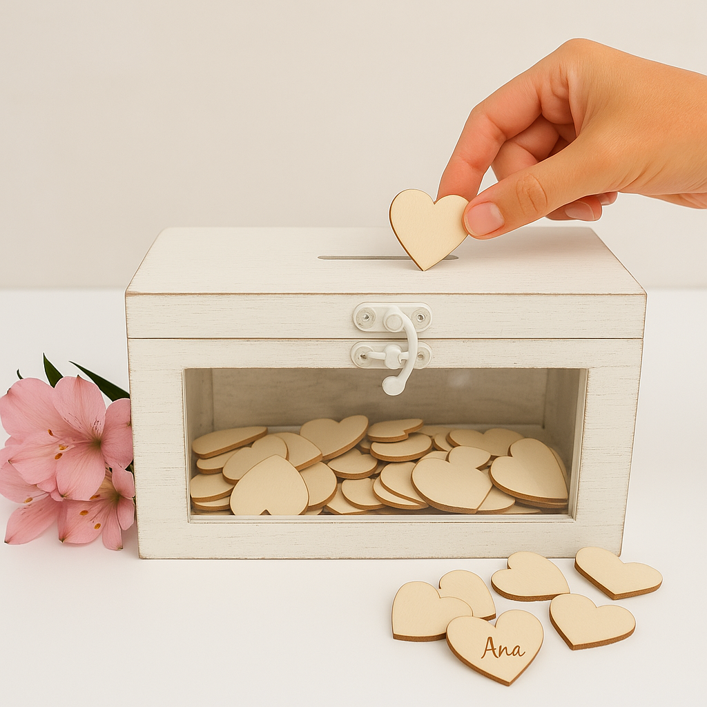 Caja de Corazones para firmar. Color BlancoVintage. Regalo Boda, Aniversario. Libro de firmas. Recuerdo de Boda, Comunión, Bautizo, Cumpleaños y Aniversario