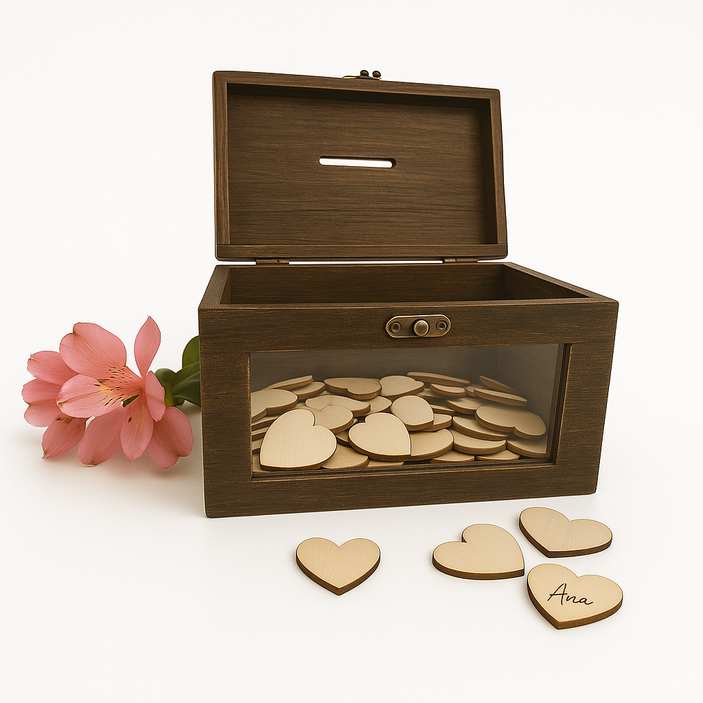 Caja de Corazones para firmar. Color Roble oscuro. Regalo Boda, Aniversario. Libro de firmas. Recuerdo de Boda, Comunión, Bautizo, Cumpleaños y Aniversario - Imagen 5