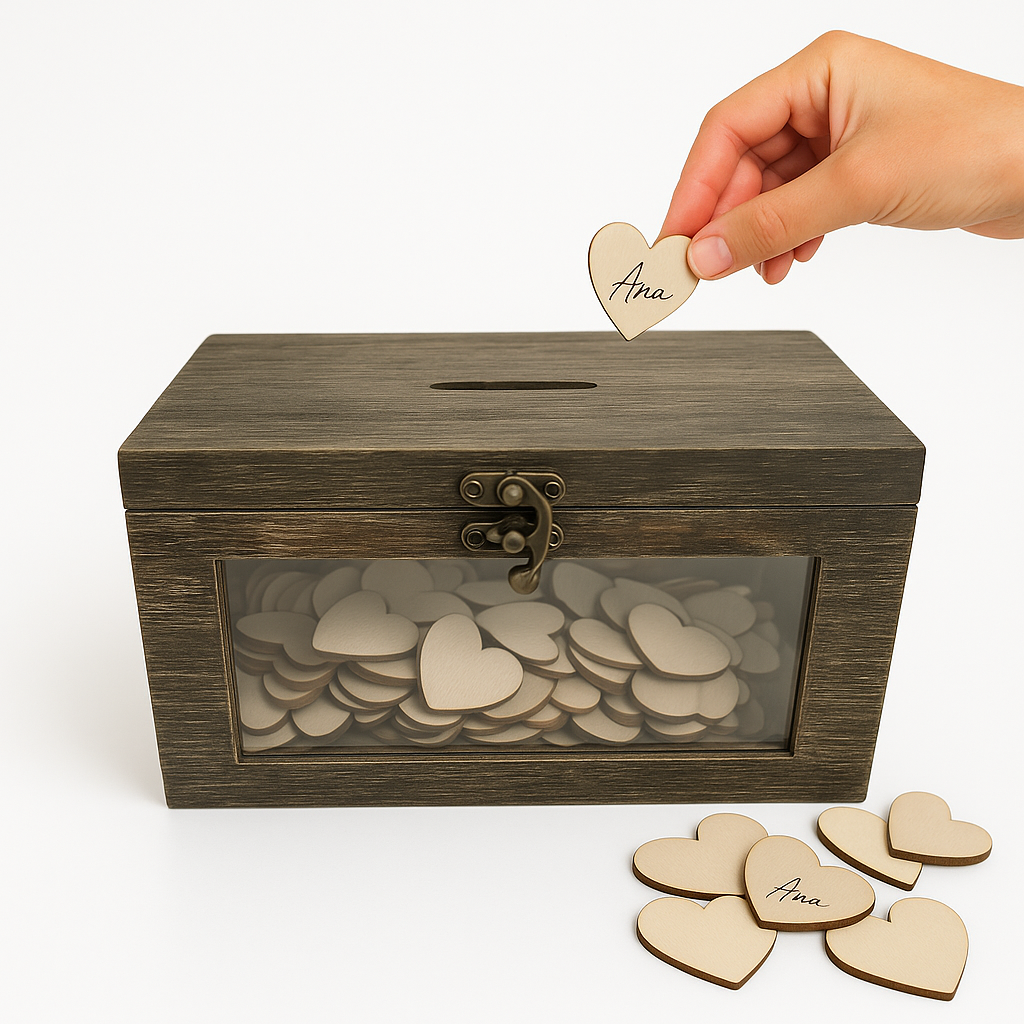 Caja de Corazones para firmar. Color Roble oscuro. Regalo Boda, Aniversario. Libro de firmas. Recuerdo de Boda, Comunión, Bautizo, Cumpleaños y Aniversario