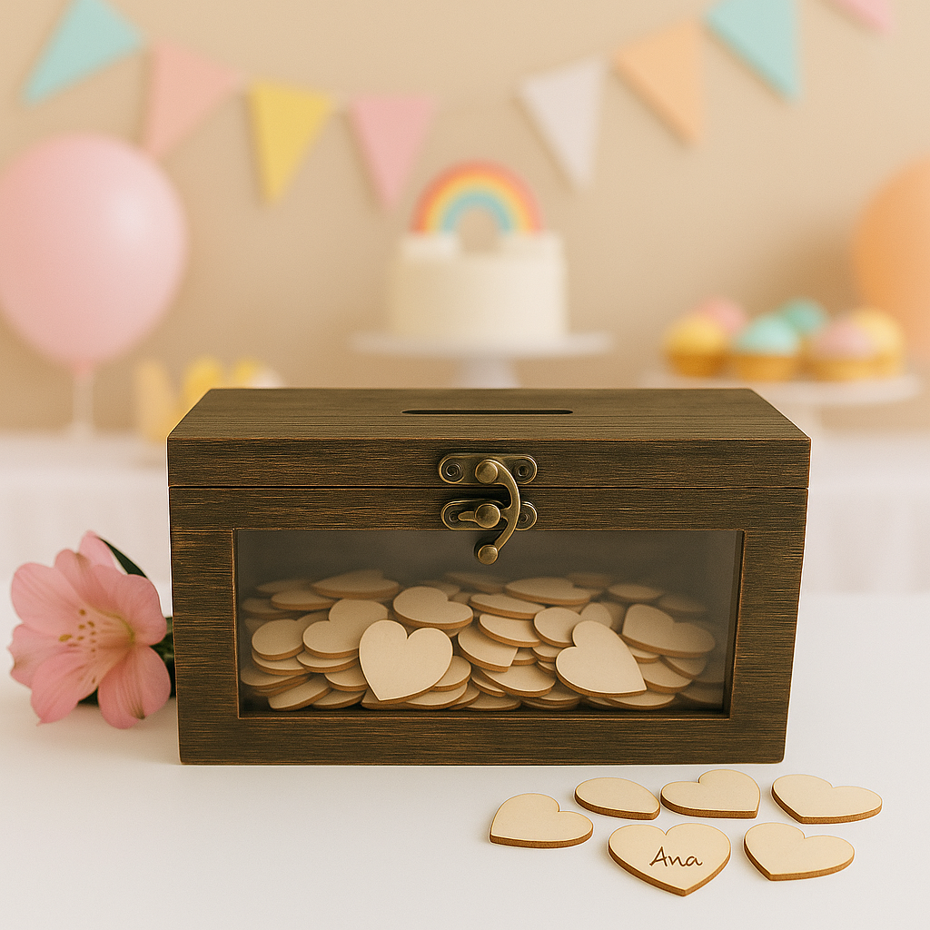 Caja de Corazones para firmar. Color Roble oscuro. Regalo Boda, Aniversario. Libro de firmas. Recuerdo de Boda, Comunión, Bautizo, Cumpleaños y Aniversario - Imagen 2