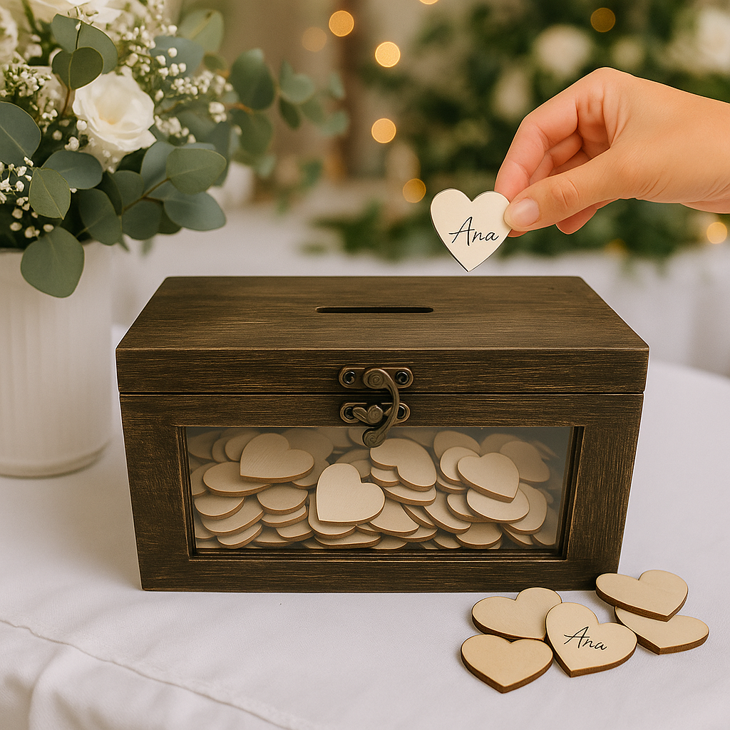 Caja de Corazones para firmar. Color Roble oscuro. Regalo Boda, Aniversario. Libro de firmas. Recuerdo de Boda, Comunión, Bautizo, Cumpleaños y Aniversario - Imagen 4