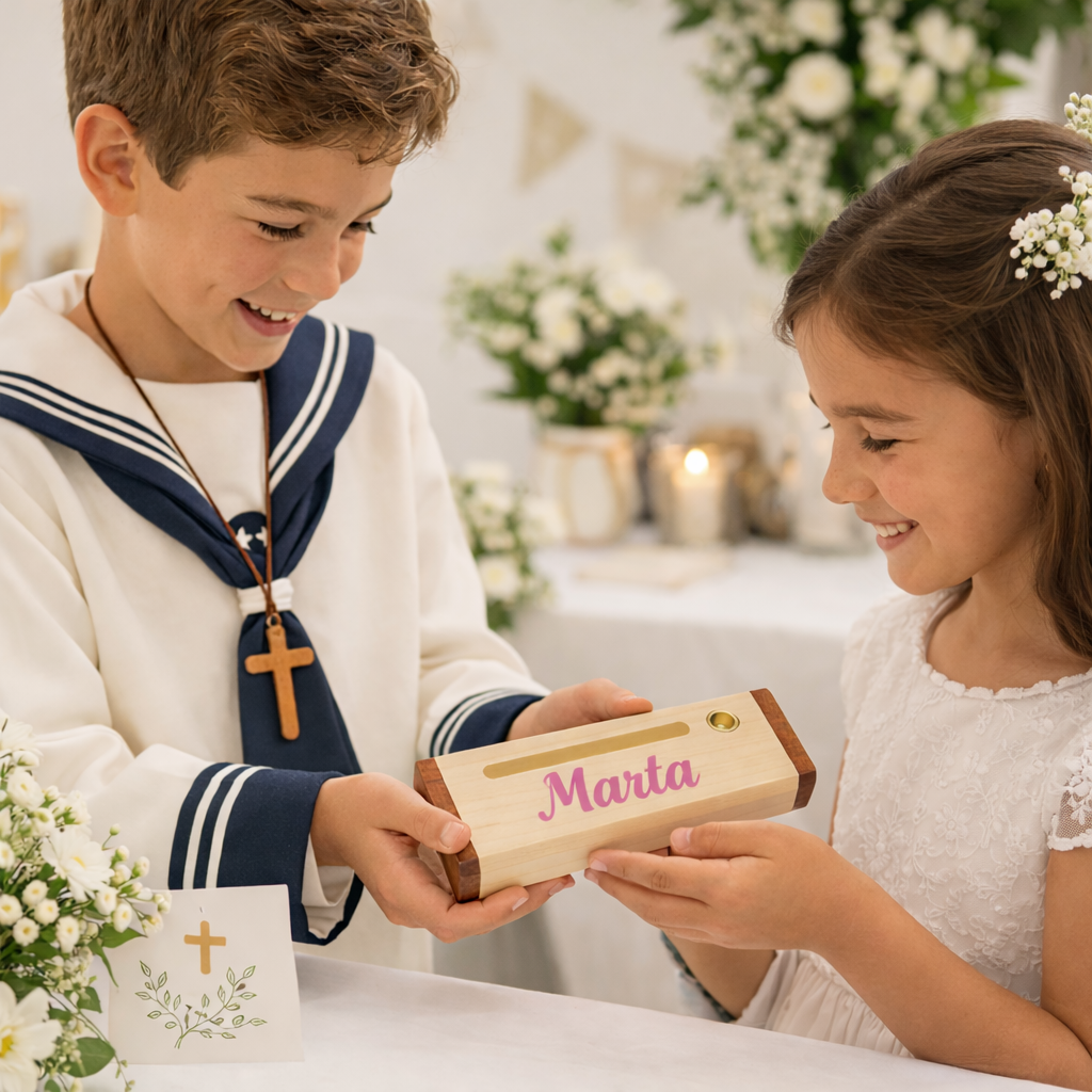 Regalo Comunión Niño Niña - Bolígrafos Personalizados. Bolígrafo de madera con caja a juego, tinta azul. Modelo soporte - Imagen 5