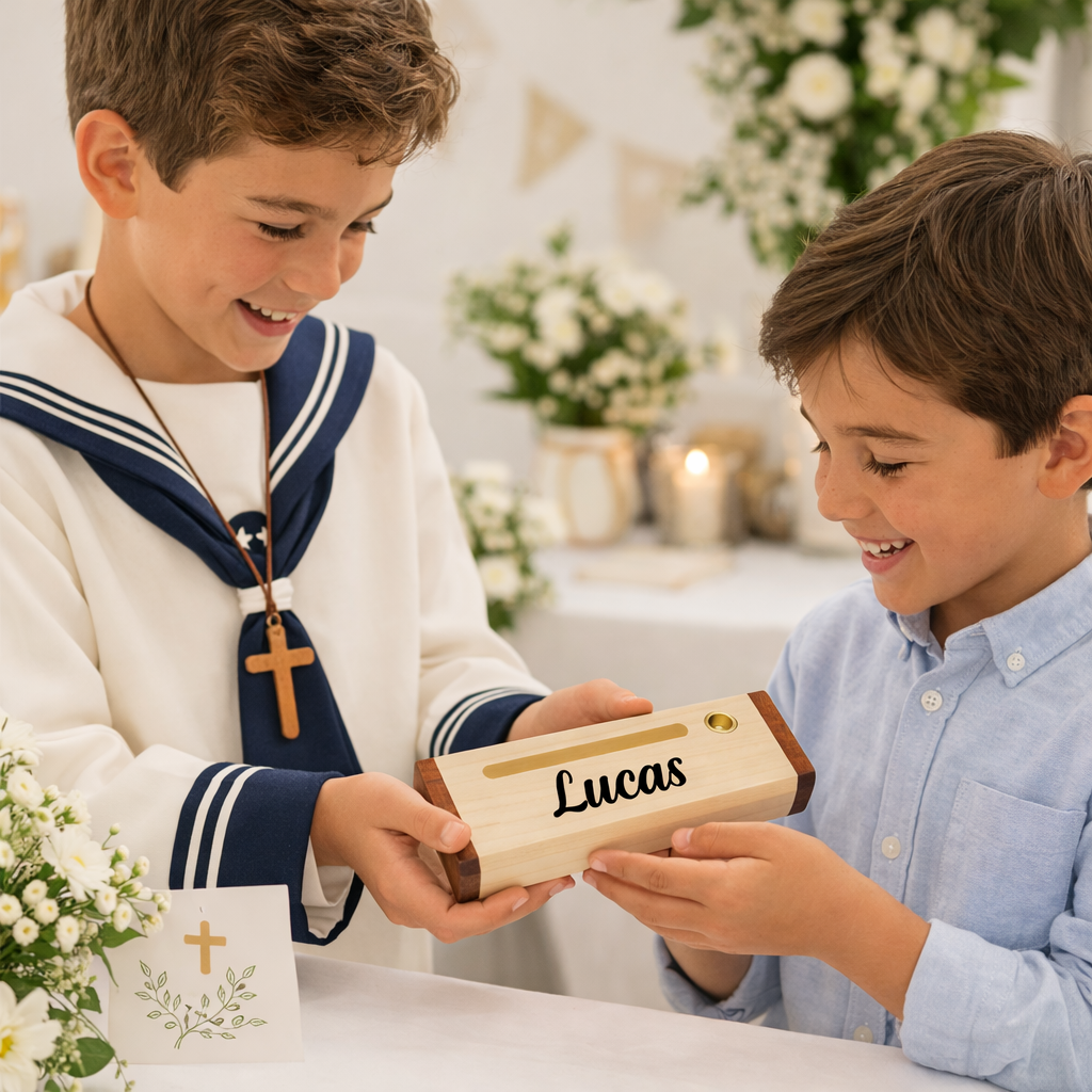 Regalo Comunión Niño Niña - Bolígrafos Personalizados. Bolígrafo de madera con caja a juego, tinta azul. Modelo soporte - Imagen 2
