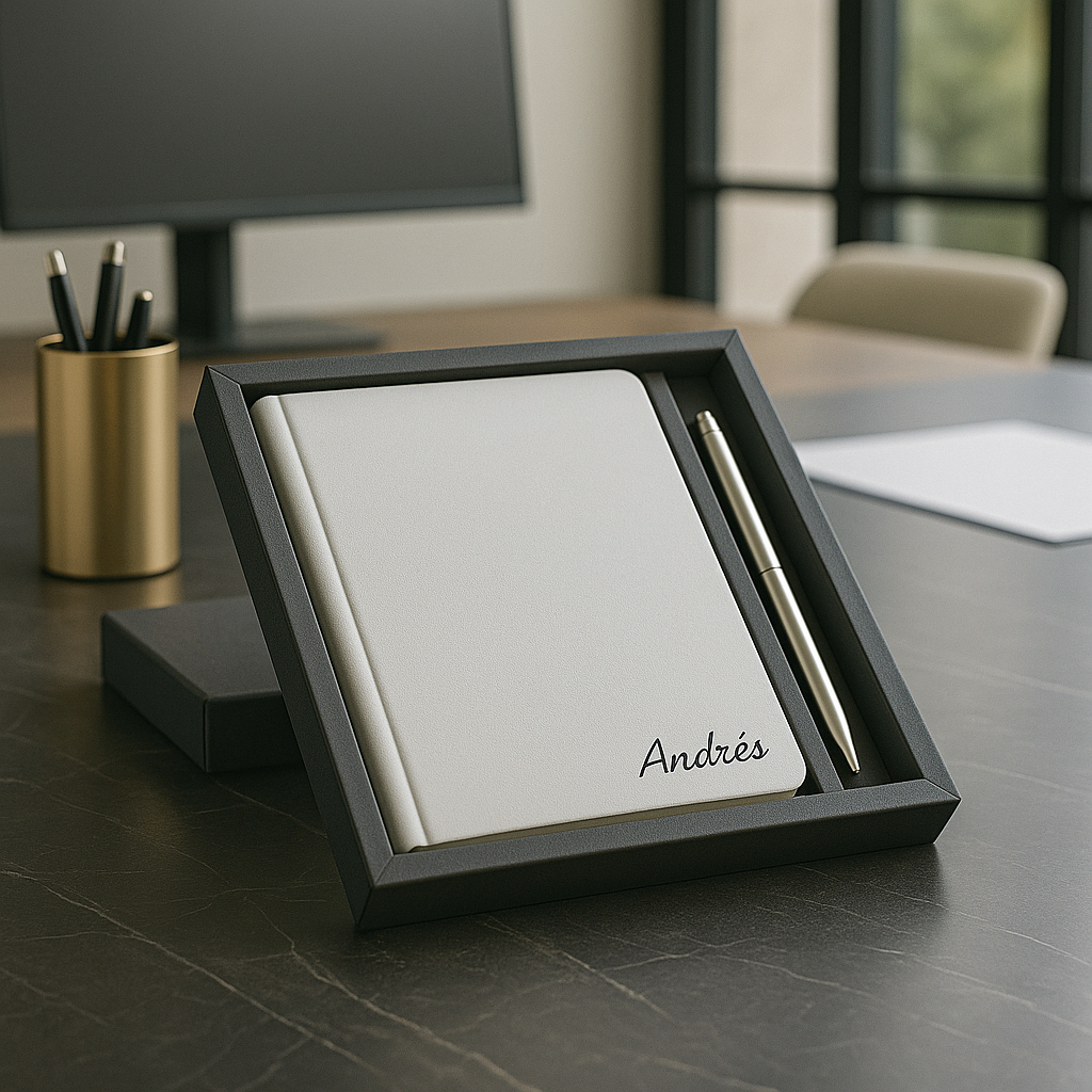 Cuaderno A5 de Polipiel Gris. Bolígrafo Roller de Aluminio y Caja de Regalo Regalos personalizados. Cuadernos bonitos para Maestros. Regalos profesores. - Imagen 2