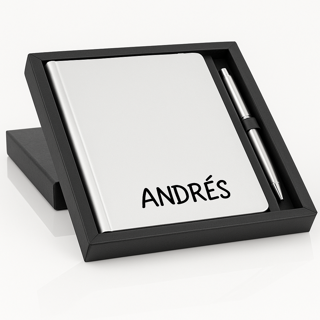 Cuaderno A5 de Polipiel Gris. Bolígrafo Roller de Aluminio y Caja de Regalo Regalos personalizados. Cuadernos bonitos para Maestros. Regalos profesores.