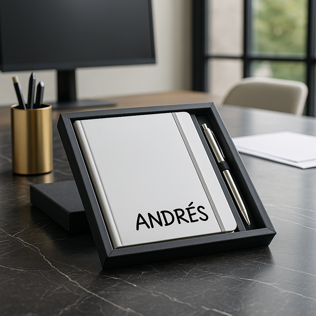 Cuaderno A5 de Polipiel Gris. Bolígrafo Roller de Aluminio y Caja de Regalo Regalos personalizados. Cuadernos bonitos para Maestros. Regalos profesores. - Imagen 3