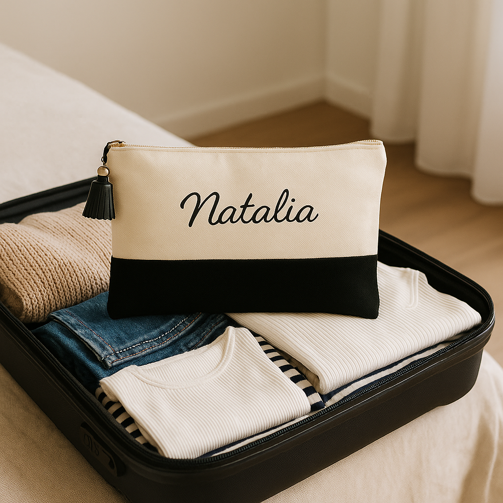 Neceser Personalizado. Algodón Orgánico - 20 x 14 cm. Neceser Viaje, Estuche Maquillaje, Regalos Personalizados. Blanco y Negro con Borla de Polipiel. - Imagen 3