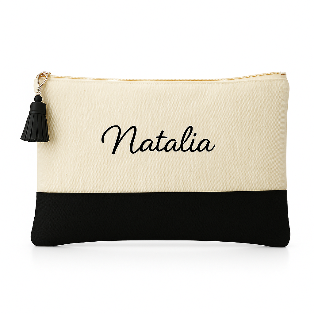 Neceser Personalizado. Algodón Orgánico - 20 x 14 cm. Neceser Viaje, Estuche Maquillaje, Regalos Personalizados. Blanco y Negro con Borla de Polipiel.