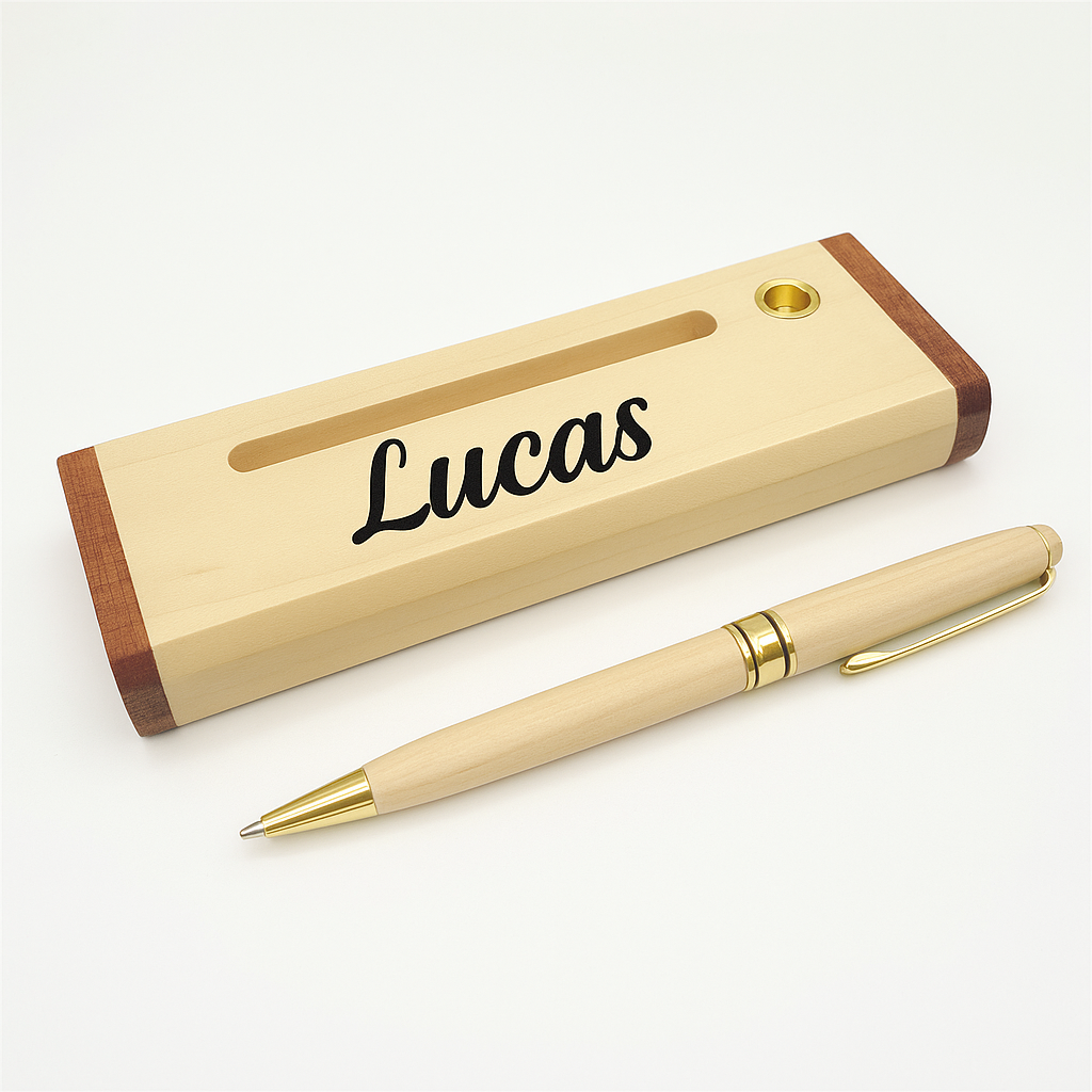 Regalo Comunión Niño Niña - Bolígrafos Personalizados. Bolígrafo de madera con caja a juego, tinta azul. Modelo soporte