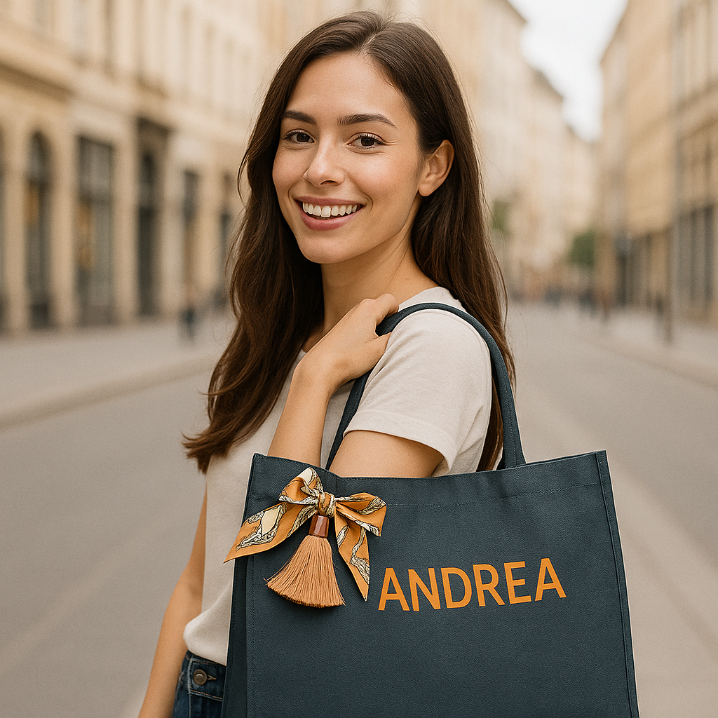 Bolso Mujer Personalizado 35x35 cm. Tote Bag negro. Bolsos de Mujer Shopper Grande con Lazo de seda - Imagen 2