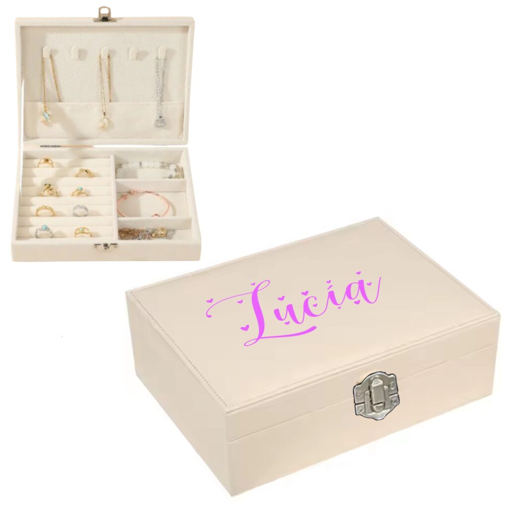 Regalo Comunión Niña - Organizador de Joyas Personalizado, Joyero Niña, Color Beige, Madera y Terciopelo, 15 x 20 x 4.5 cm,