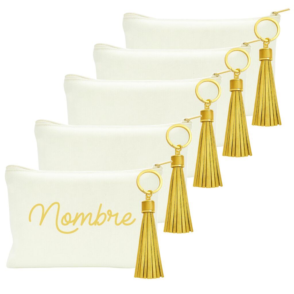 Pack 5 Organizadores de Viaje, Personalizables. Invitados Boda. Neceser Mujer, Bolsa de Aseo Niñas. (Blanco - Dorado, 20 X 14)