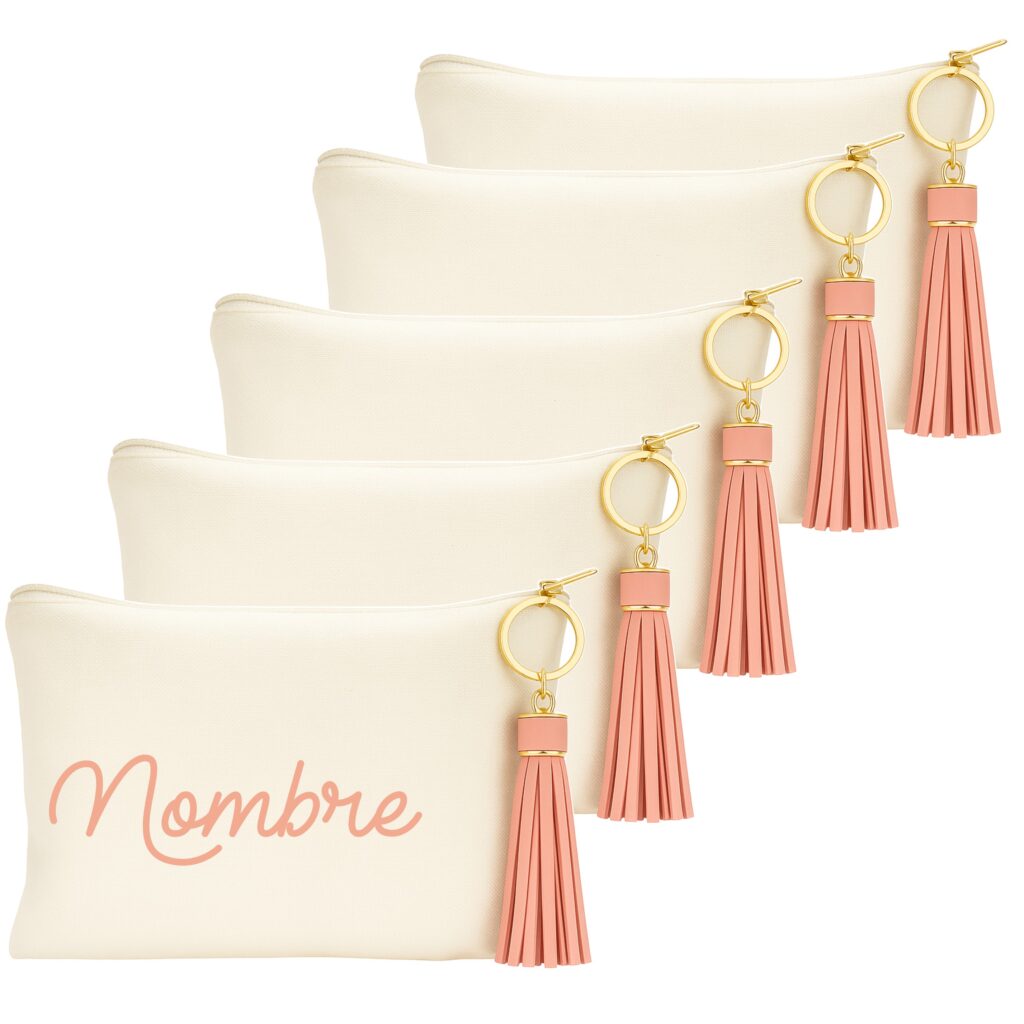 Pack 5 Organizadores de Viaje, Personalizados. Invitados Boda. Neceser Mujer, Bolsa de Aseo Niñas. (Blanco - Rosa, 20 X 14)