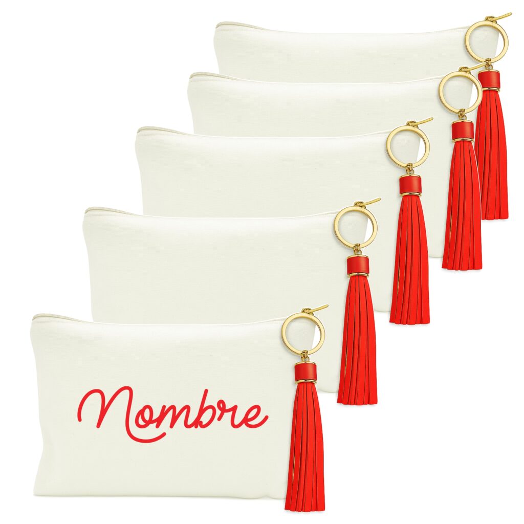 Pack 5 Organizadores de Viaje, Personalizados. Invitados Boda. Neceser Mujer, Bolsa de Aseo Niñas. (Blanco - Rojo, 20 X 14)