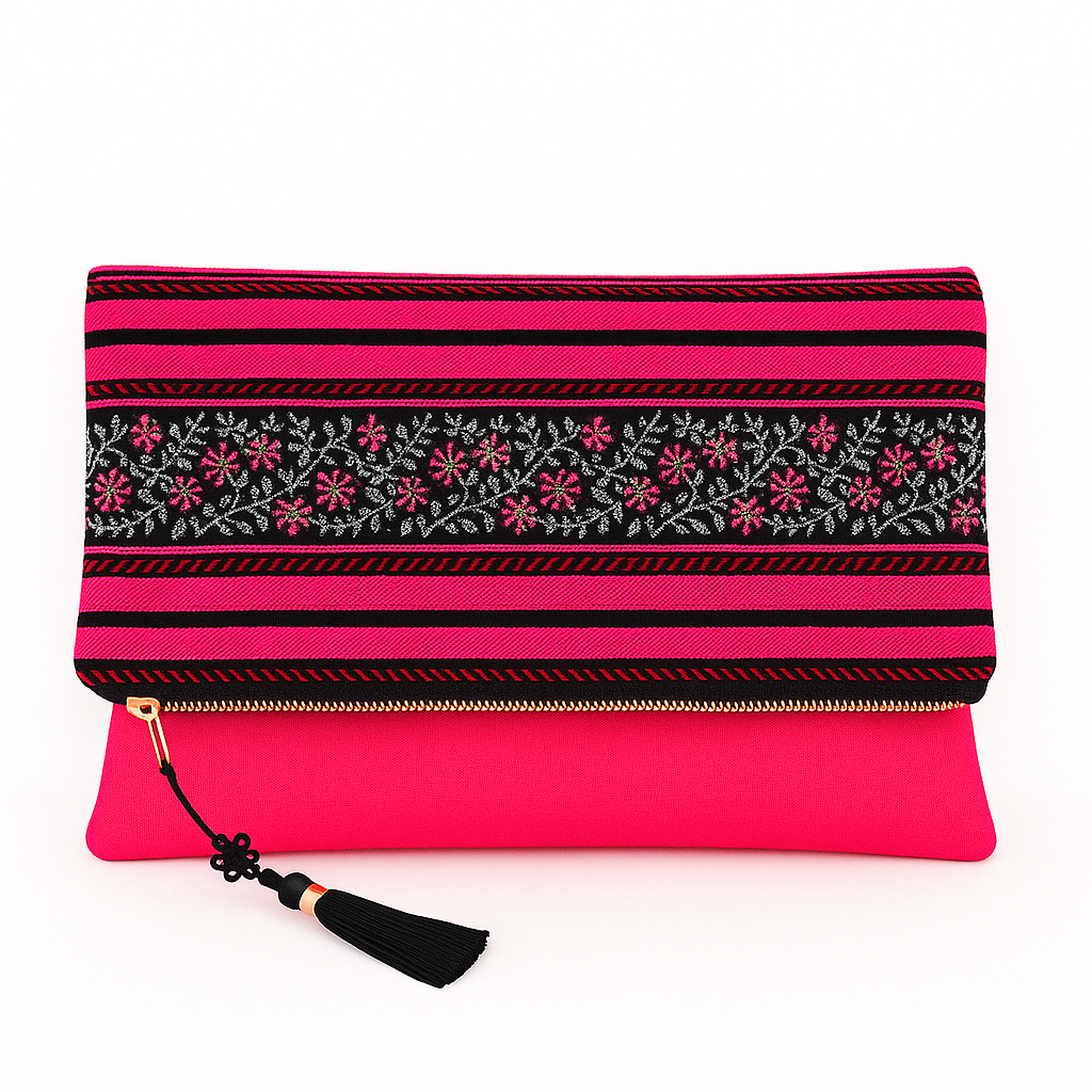 Bolso De Mano Mujer Fiesta- Doble Lona y Bordado con Cremallera Metálica - 29 x 40 cm  Ideas Regalos para  Mujeres - Rosa Fucsia