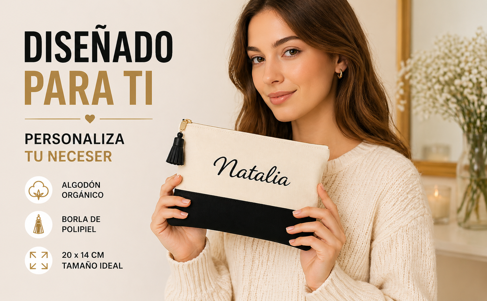 Neceser Personalizado. Algodón Orgánico - 20 x 14 cm. Neceser Viaje, Estuche Maquillaje, Regalos Personalizados. Blanco y Negro con Borla de Polipiel. - Imagen 5
