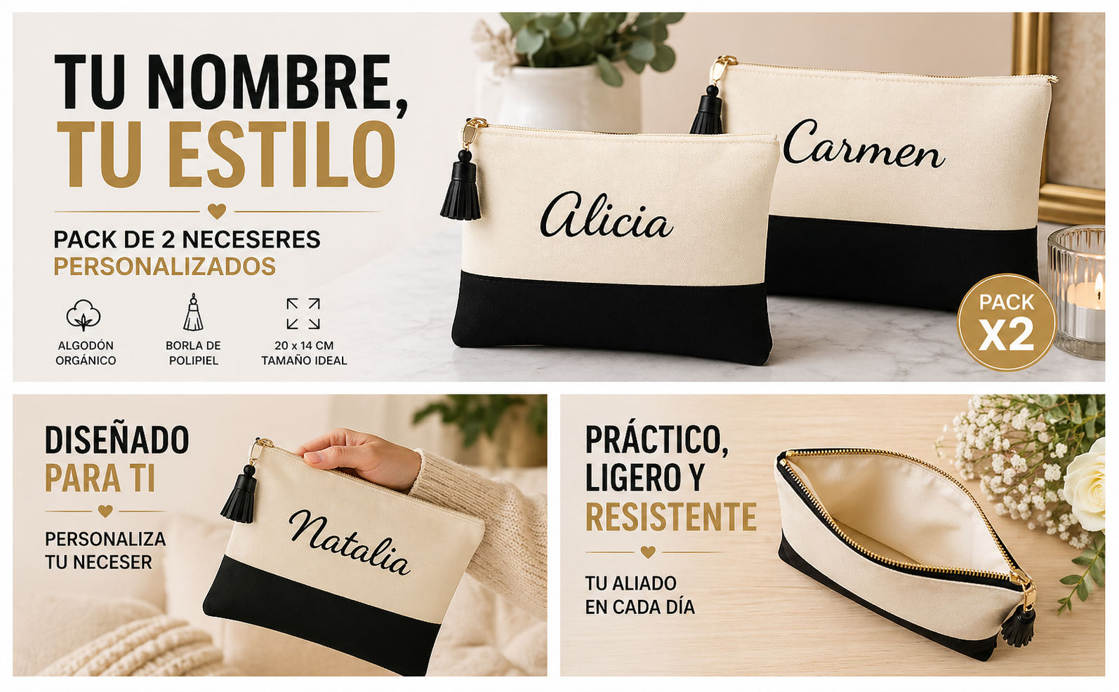 Neceser Personalizado. Algodón Orgánico - 20 x 14 cm. Neceser Viaje, Estuche Maquillaje, Regalos Personalizados. Blanco y Negro con Borla de Polipiel. - Imagen 6