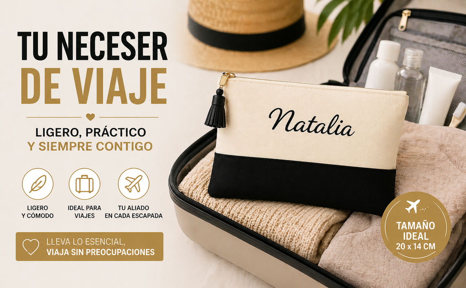 Neceser Personalizado. Algodón Orgánico - 20 x 14 cm. Neceser Viaje, Estuche Maquillaje, Regalos Personalizados. Blanco y Negro con Borla de Polipiel. - Imagen 7