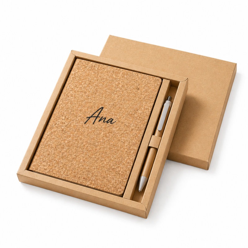 Cuaderno A5 de Corcho con Bolígrafo, 80 Hojas Blancas, Libreta Personalizada con Caja de Regalo.