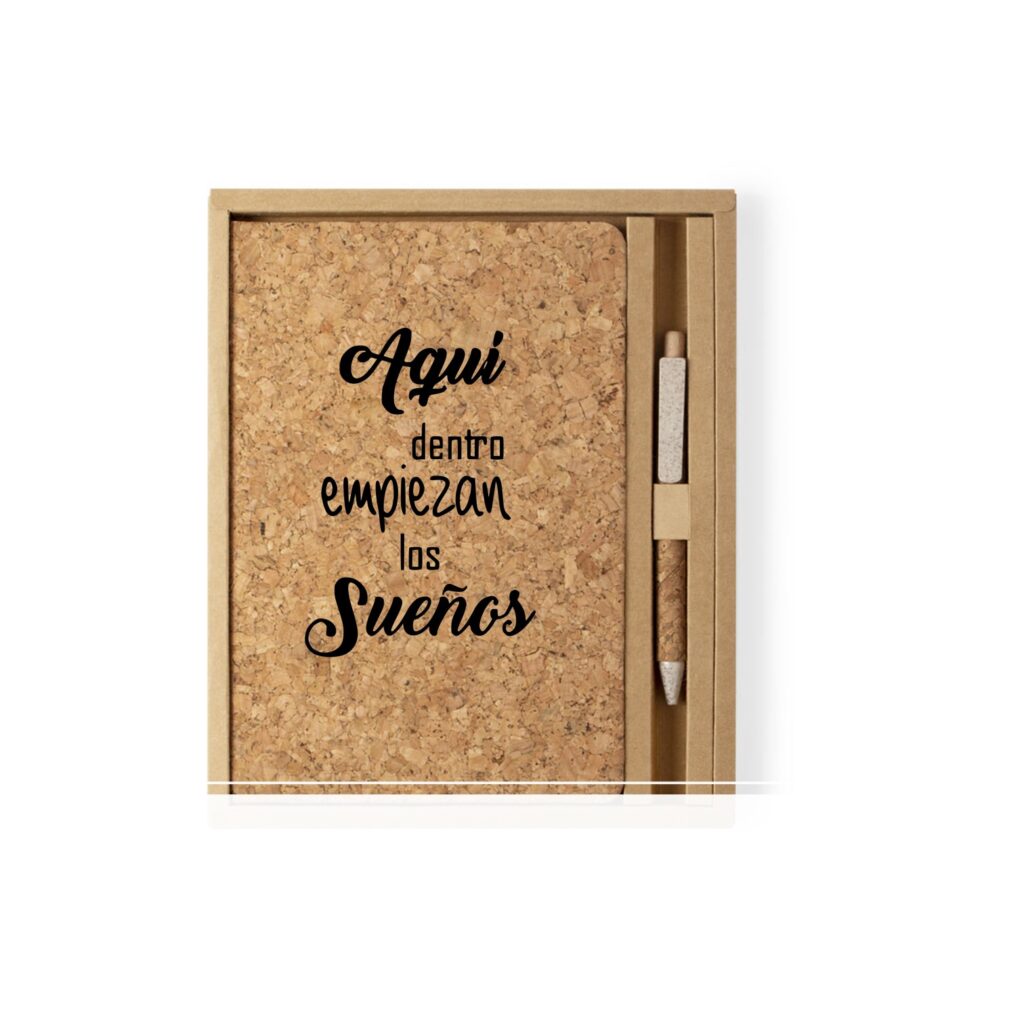 Cuaderno A5 de Corcho con Bolígrafo, 80 Hojas Blancas, Libreta Personalizada con Caja de Regalo.