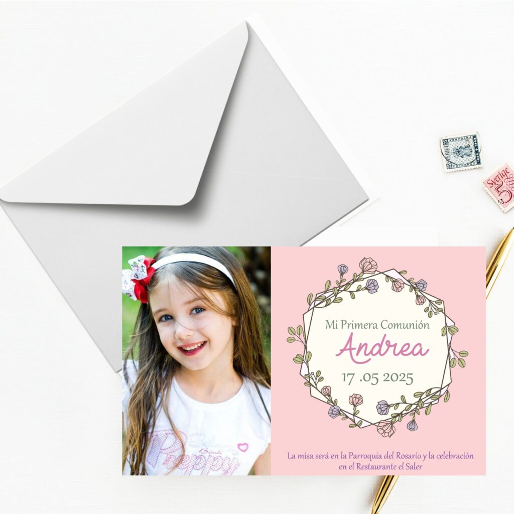 Invitaciones de Comunión, Bautizo con Foto. Pack 27 Unidades. Tarjetas 13.5 x 8.5 cm Personalizadas Comunión Niño Niña con Sobres Colores incluidos. Hecho a mano en España. (MODELO ANDREA)