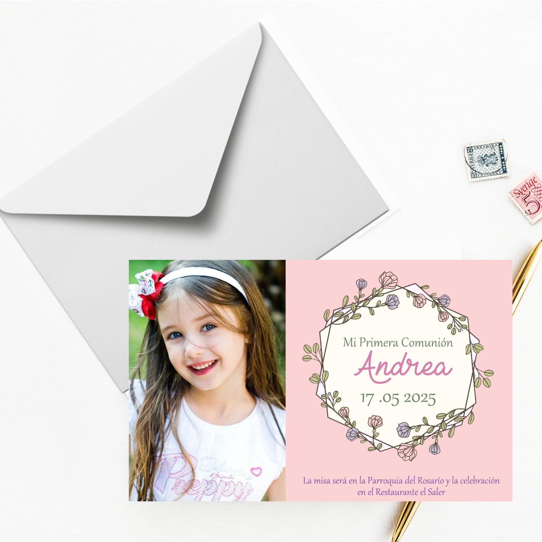 Invitaciones de Comunión, Bautizo con Foto. Pack 27 Unidades. Tarjetas 13.5 x 8.5 cm Personalizadas Comunión Niño Niña con Sobres Colores incluidos. Hecho a mano en España. (MODELO ANDREA)