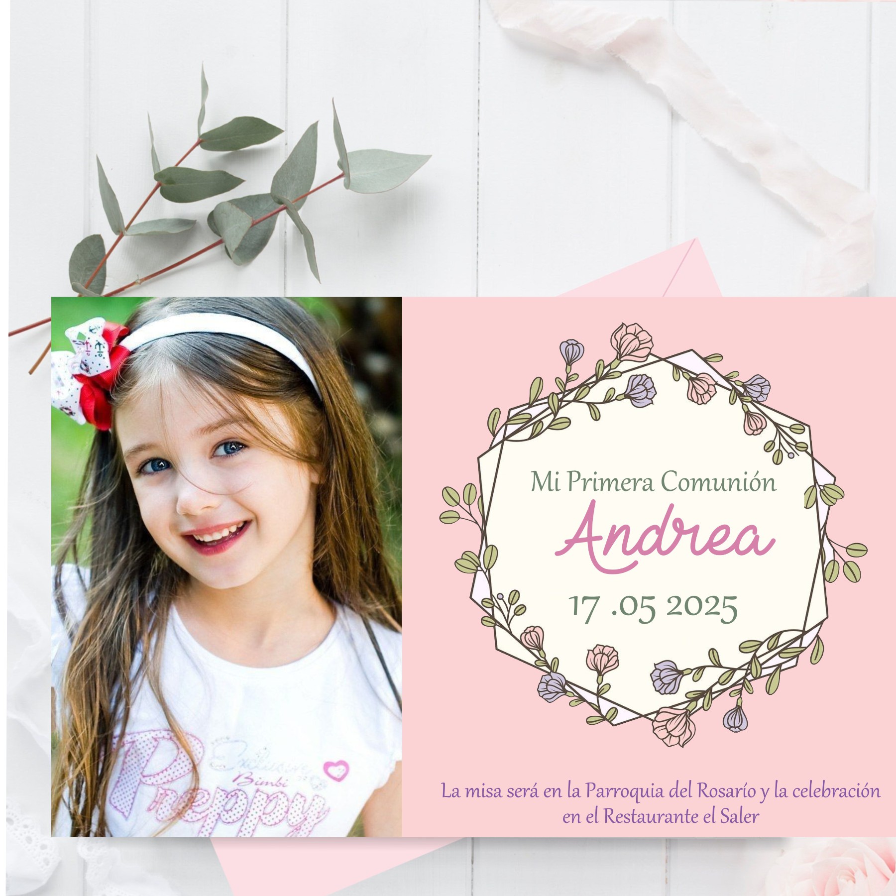 Invitaciones de Comunión, Bautizo con Foto. Pack 27 Unidades. Tarjetas 13.5 x 8.5 cm Personalizadas Comunión Niño Niña con Sobres Colores incluidos. Hecho a mano en España. (MODELO ANDREA) - Imagen 3