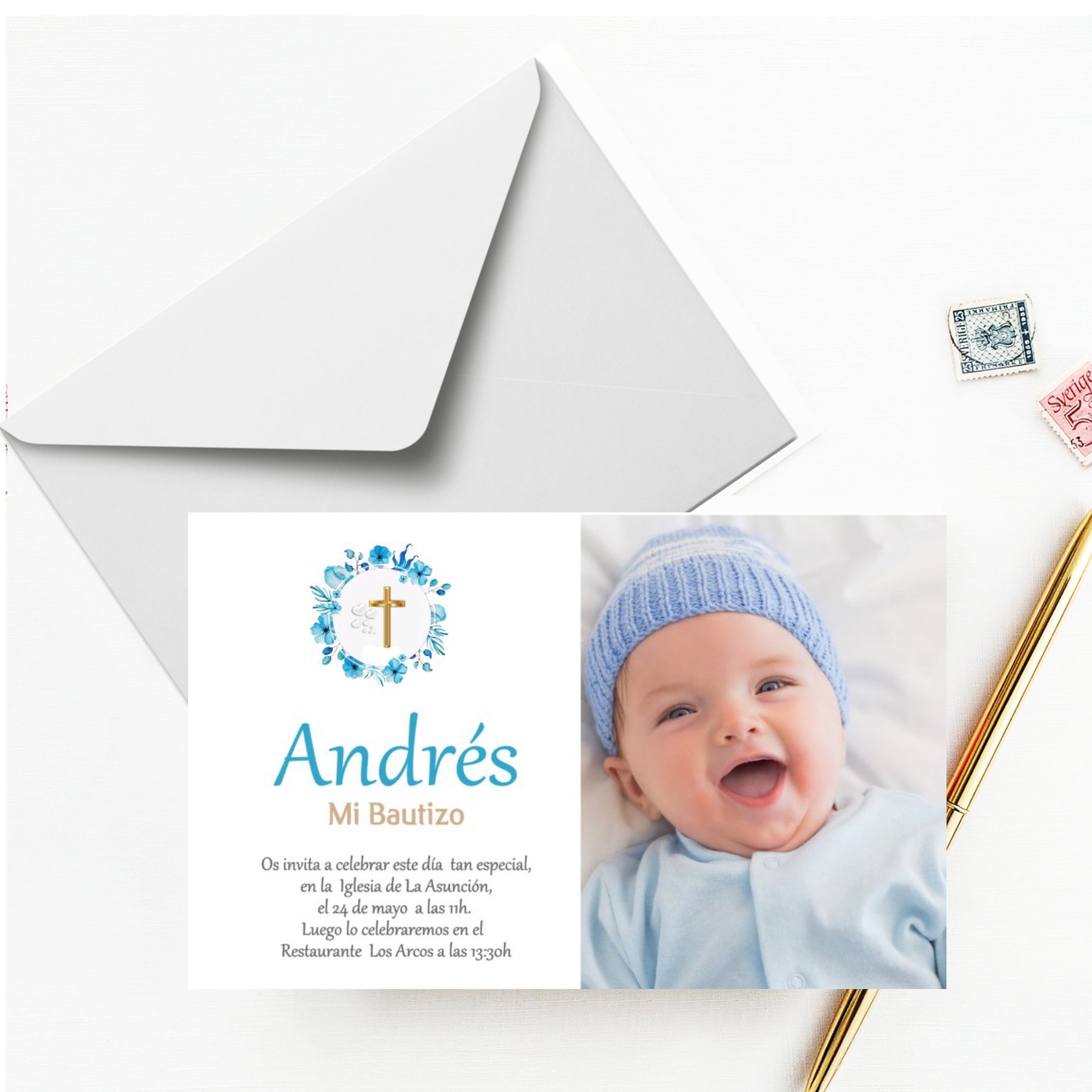 Invitaciones de Comunión, Bautizo con Foto. Pack 27 Unidades. Tarjetas 13.5 x 8.5 cm Personalizadas Comunión Niño Niña con Sobres Colores incluidos. Hecho a mano en España. (MODELO ANDRES)