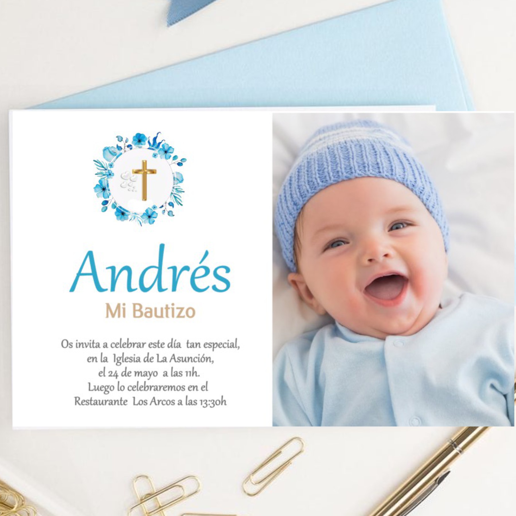 Invitaciones de Comunión, Bautizo con Foto. Pack 27 Unidades. Tarjetas 13.5 x 8.5 cm Personalizadas Comunión Niño Niña con Sobres Colores incluidos. Hecho a mano en España. (MODELO ANDRES) - Imagen 3