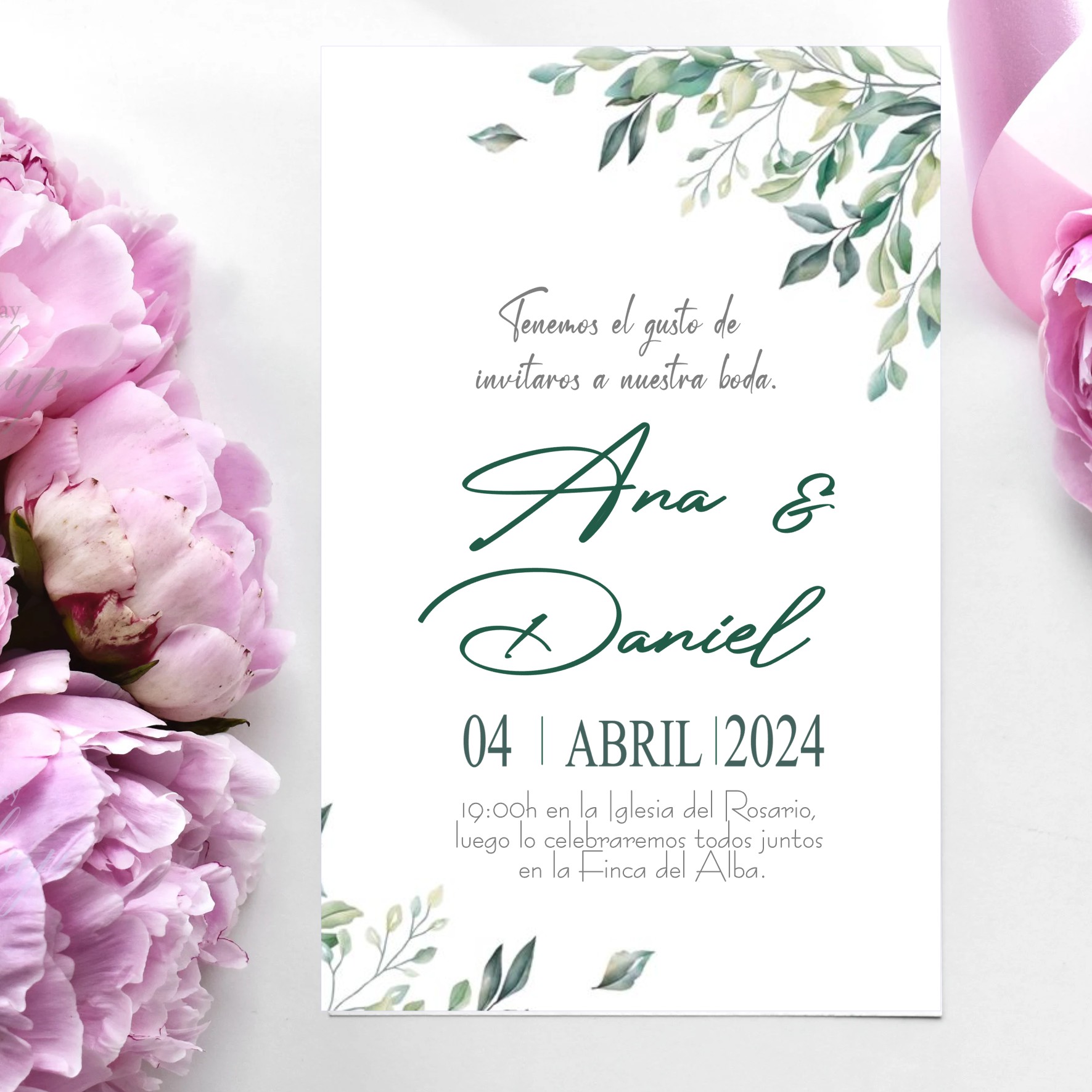 Invitaciones de Boda Personalizadas. Pack 27 uds. Sobres Invitaciones Boda Incluidos. Tarjetas Estudio 14 x 9 cm. Papel Fotográfico 250 gr. Modelo Eucaliptus.