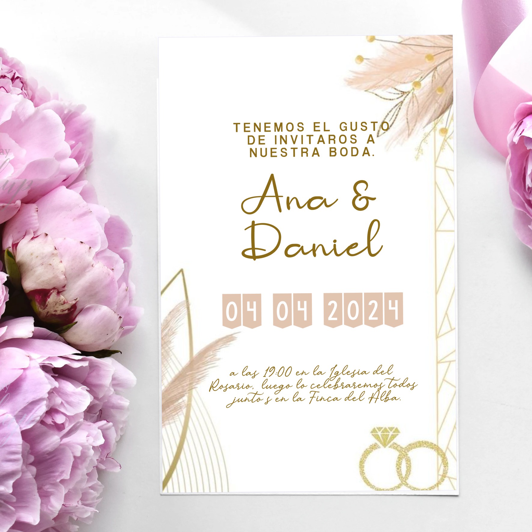 Invitaciones de Boda Personalizadas. Pack 27 uds. Sobres Invitaciones Boda Incluidos. Tarjetas Estudio 14 x 9 cm. Papel Fotográfico 250 gr. Modelo Alianzas.