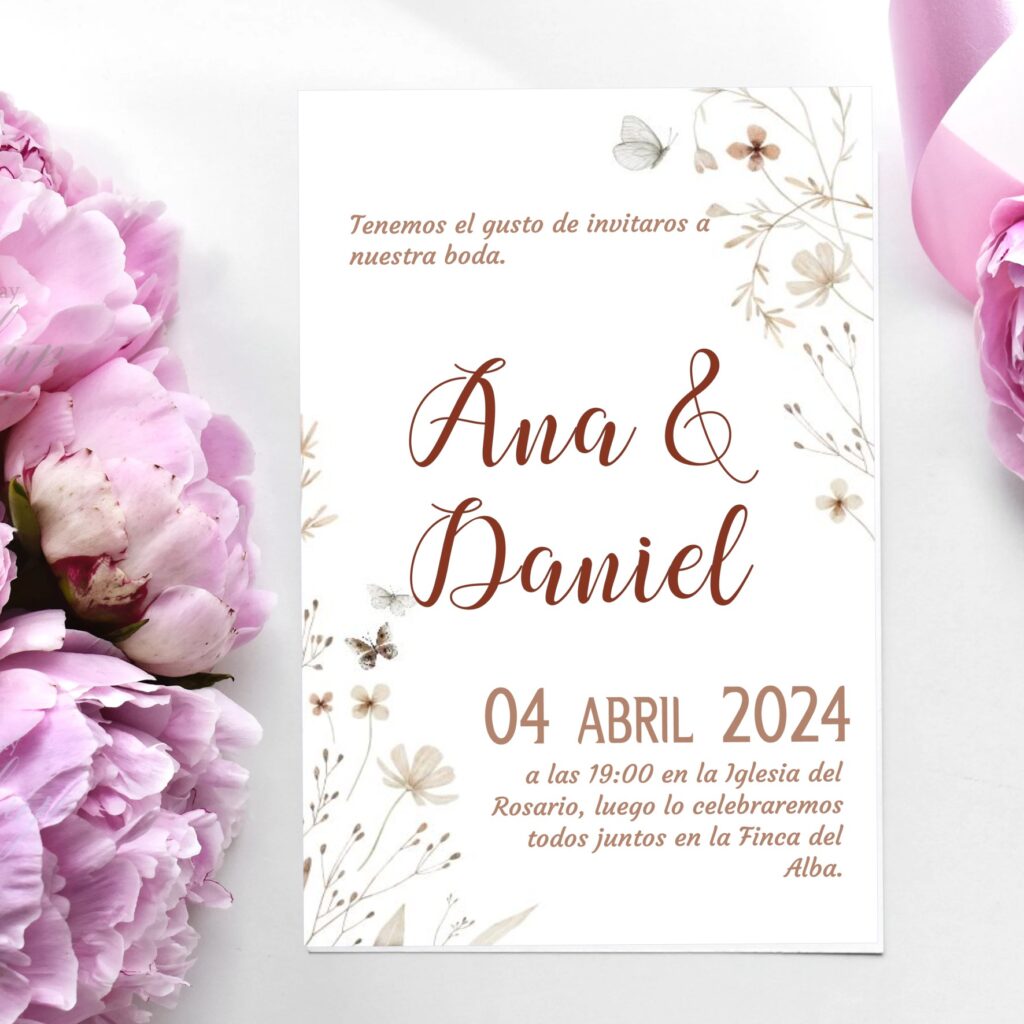 Invitaciones de Boda Personalizadas. Pack 27 uds. Sobres Invitaciones Boda Incluidos. Tarjetas 14 x 9 cm. Papel Fotográfico 250 gr. Modelo Primavera.