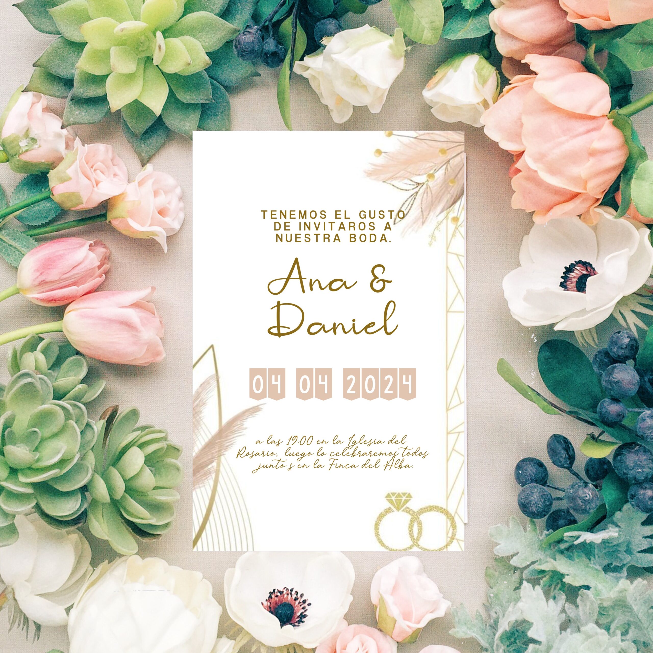 Invitaciones de Boda Personalizadas. Pack 27 uds. Sobres Invitaciones Boda Incluidos. Tarjetas Estudio 14 x 9 cm. Papel Fotográfico 250 gr. Modelo Alianzas. - Imagen 3