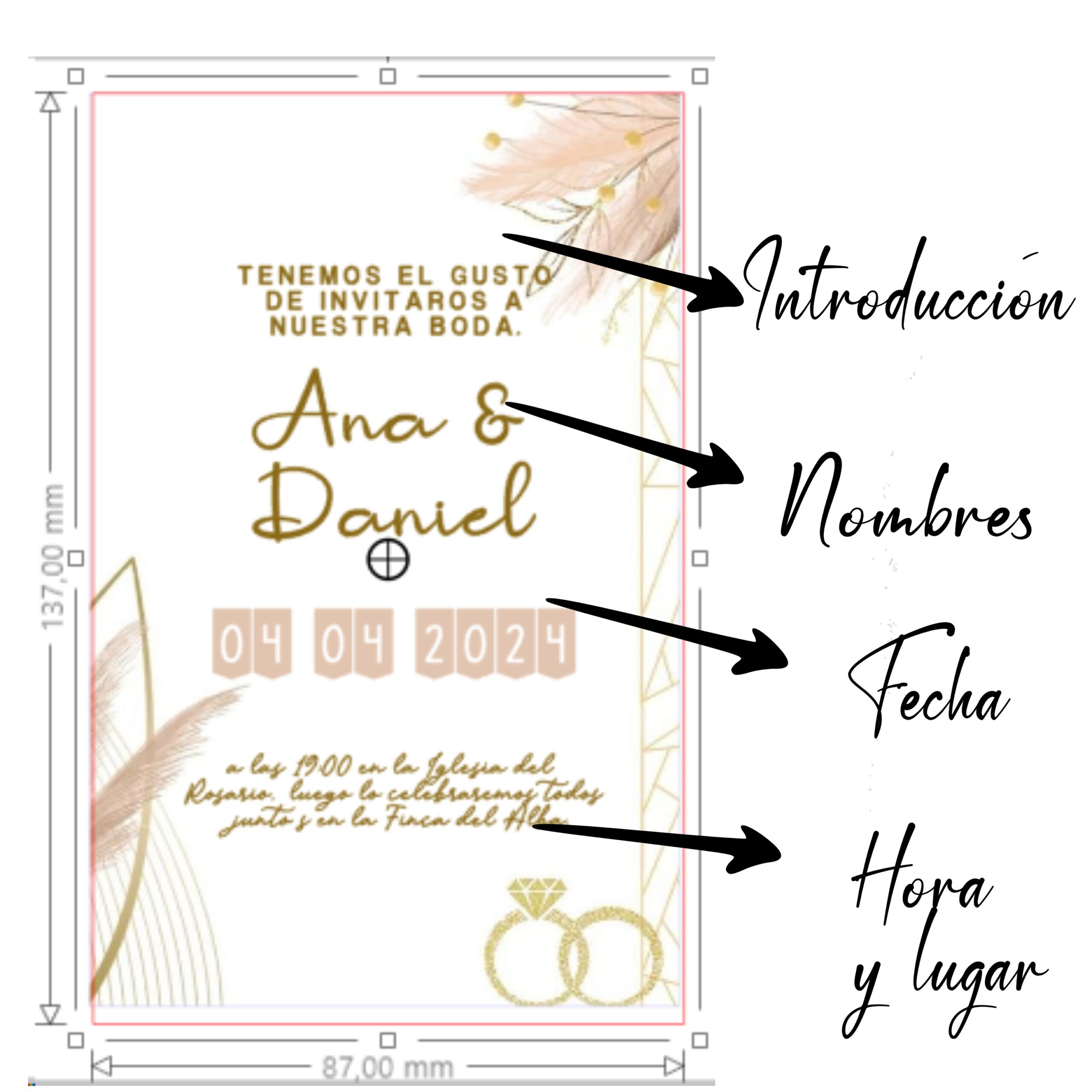 Invitaciones de Boda Personalizadas. Pack 27 uds. Sobres Invitaciones Boda Incluidos. Tarjetas Estudio 14 x 9 cm. Papel Fotográfico 250 gr. Modelo Alianzas. - Imagen 4