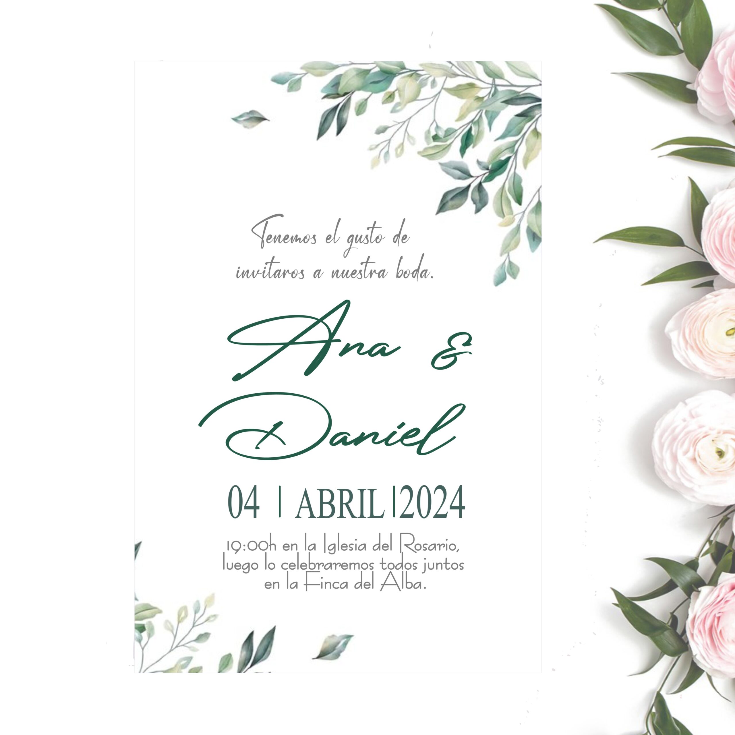 Invitaciones de Boda Personalizadas. Pack 27 uds. Sobres Invitaciones Boda Incluidos. Tarjetas Estudio 14 x 9 cm. Papel Fotográfico 250 gr. Modelo Eucaliptus. - Imagen 2