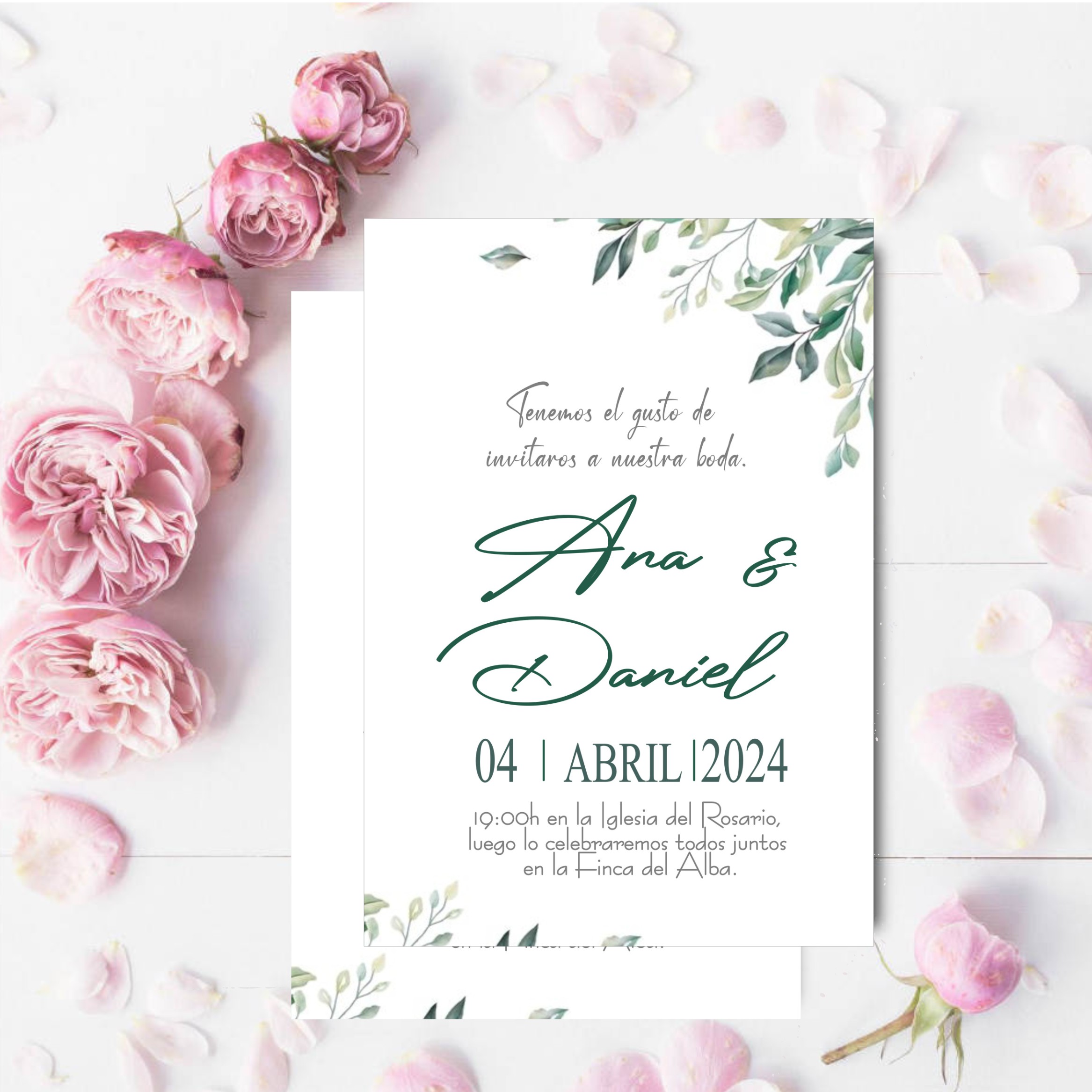 Invitaciones de Boda Personalizadas. Pack 27 uds. Sobres Invitaciones Boda Incluidos. Tarjetas Estudio 14 x 9 cm. Papel Fotográfico 250 gr. Modelo Eucaliptus. - Imagen 3