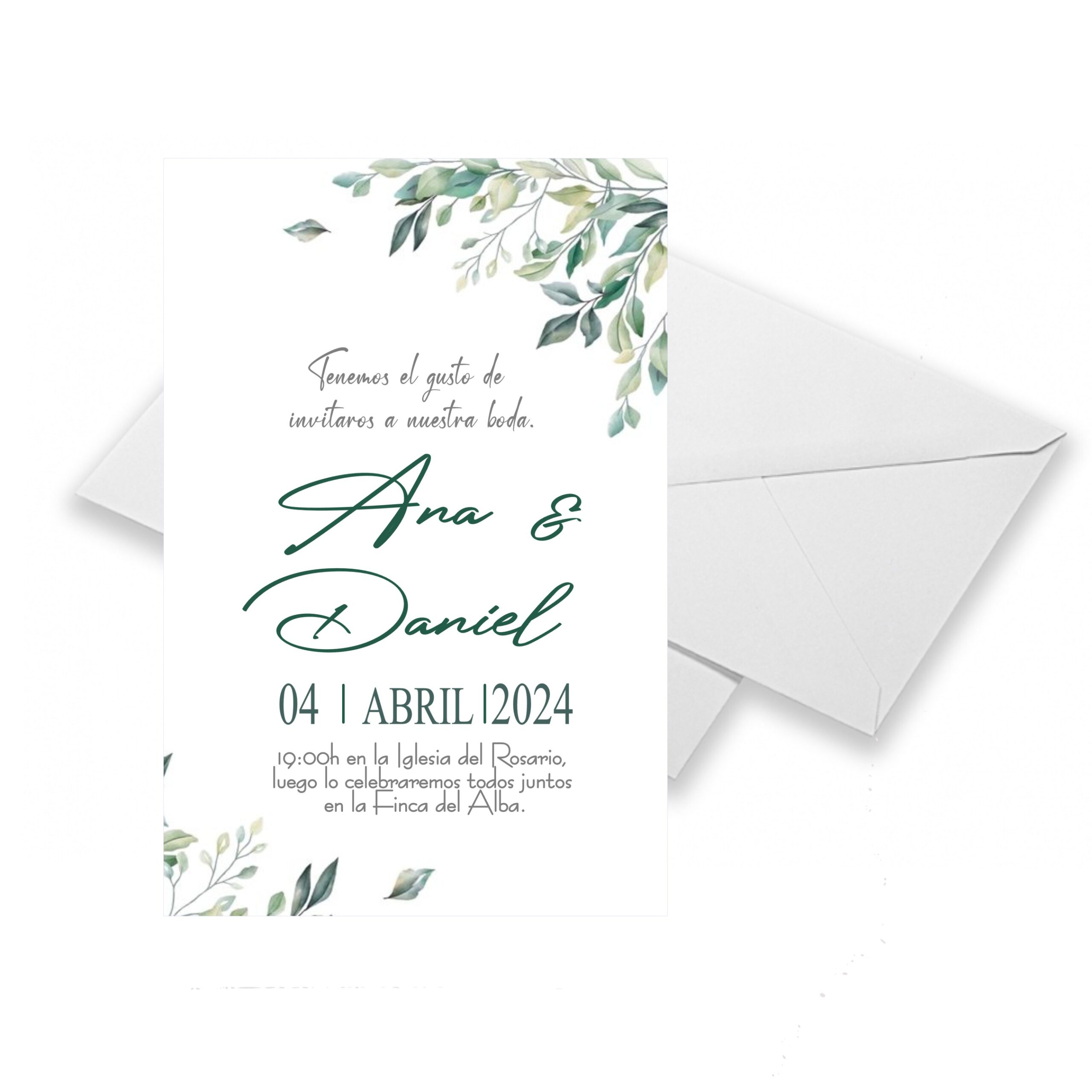 Invitaciones de Boda Personalizadas. Pack 27 uds. Sobres Invitaciones Boda Incluidos. Tarjetas Estudio 14 x 9 cm. Papel Fotográfico 250 gr. Modelo Eucaliptus. - Imagen 4