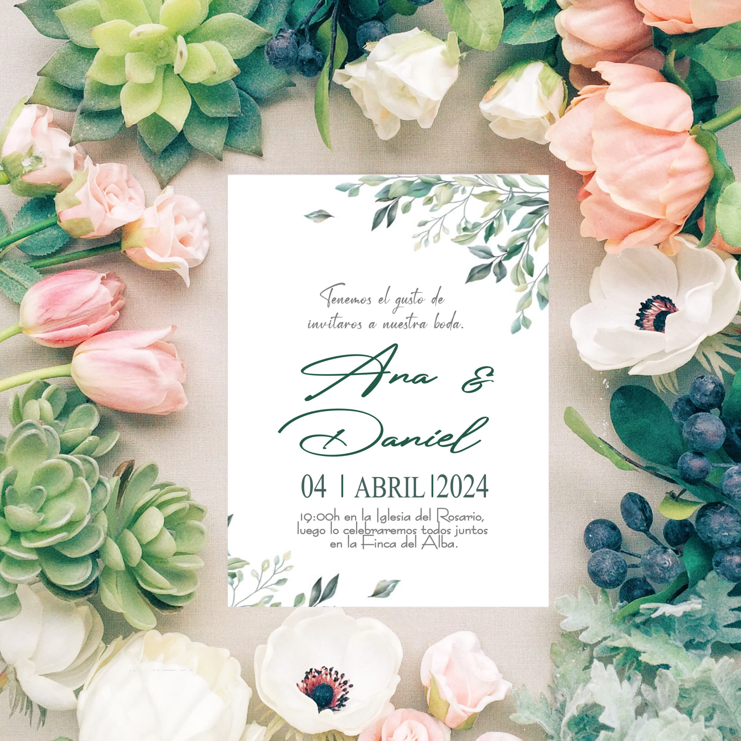 Invitaciones de Boda Personalizadas. Pack 27 uds. Sobres Invitaciones Boda Incluidos. Tarjetas Estudio 14 x 9 cm. Papel Fotográfico 250 gr. Modelo Eucaliptus. - Imagen 5