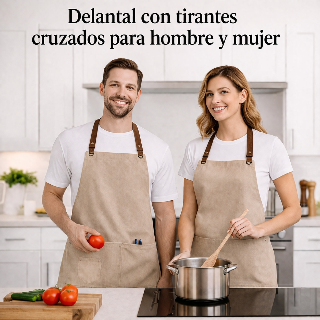 XChef Delantal cruzado espalda, impermeable, ajustable, antimanchas. Pack 2 uds. (Beige) - Imagen 3