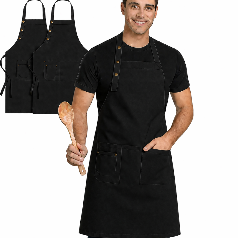 XChef Delantal Cocina .Mandil Camarero. 3 Bolsillos. Pack 2. Corchetes. (Negro)
