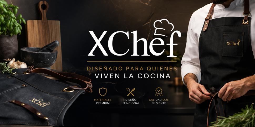 Banner de marca XChef: delantal negro con detalles en cuero y logotipo bordado