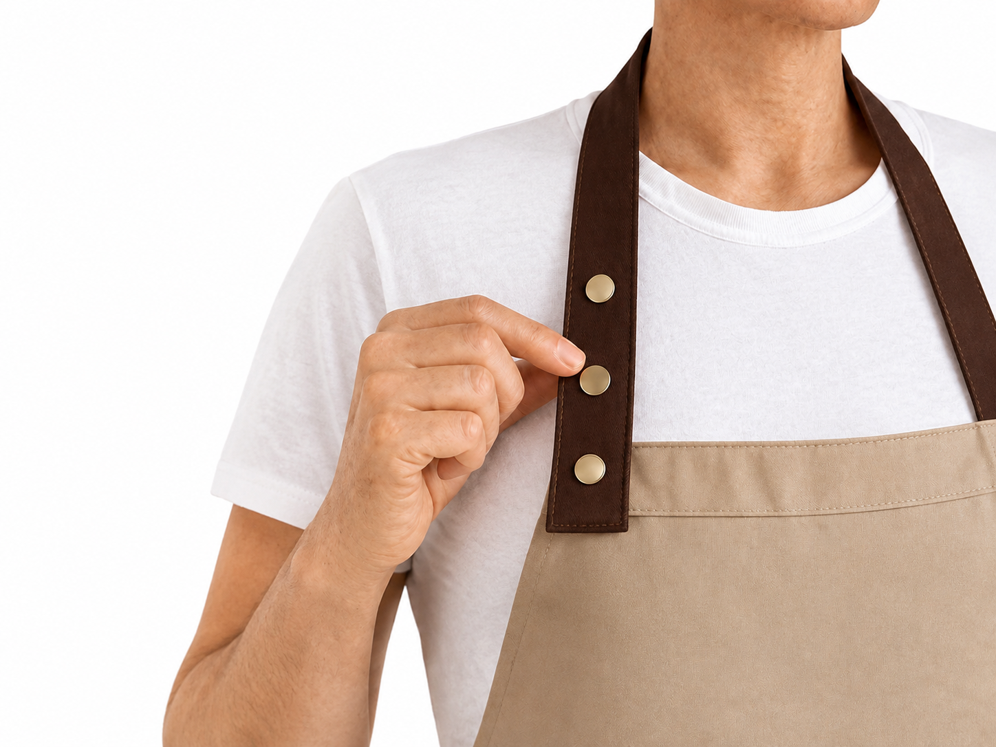 Delantal ajustable XChef beige con tirante marrón y corchetes